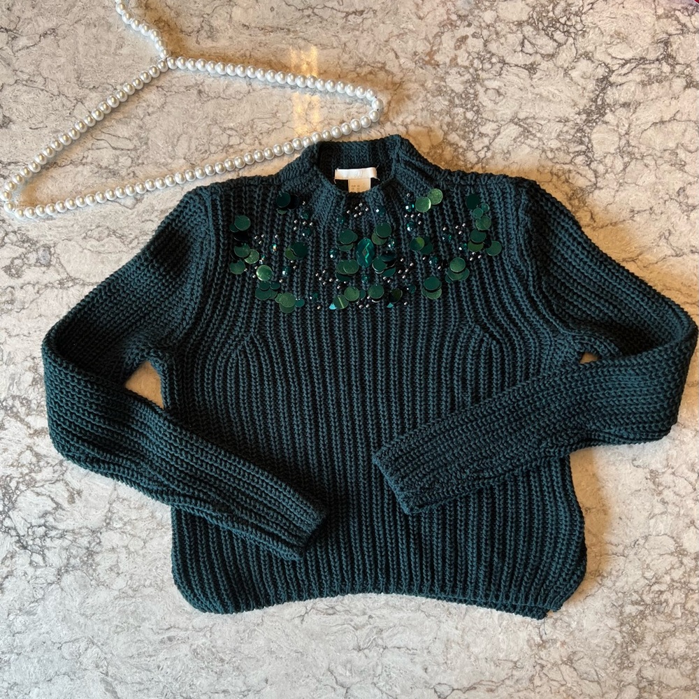 H&M Hunter Green Jewel & Sequins Neckline Crop Sweater - Size Extra Small